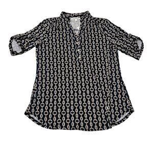 Perseption Concept Women's Size L Shirt Short Sleeve Geometric Print Navy White